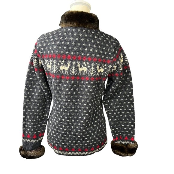 Lauren Ralph Lauren Reindeer Fair Isle Wool Faux Fur Trim Sweater Jacket Full Zi - Picture 3 of 9